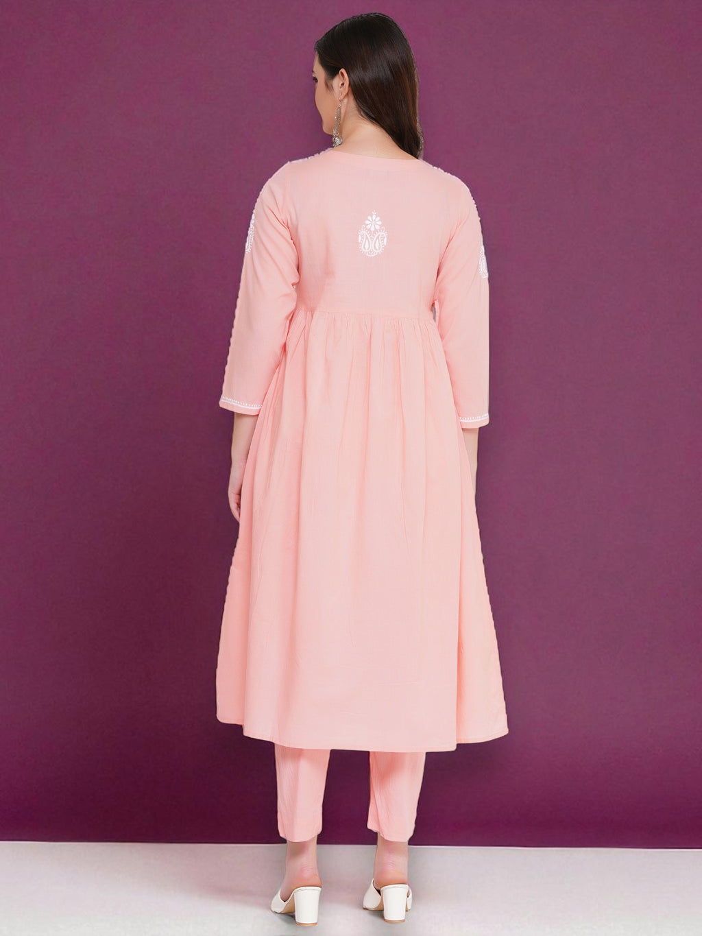 Light Red Cotton Chikankari V-Neck Kurta for Women | 3/4 Sleeves | 46 Inch Length