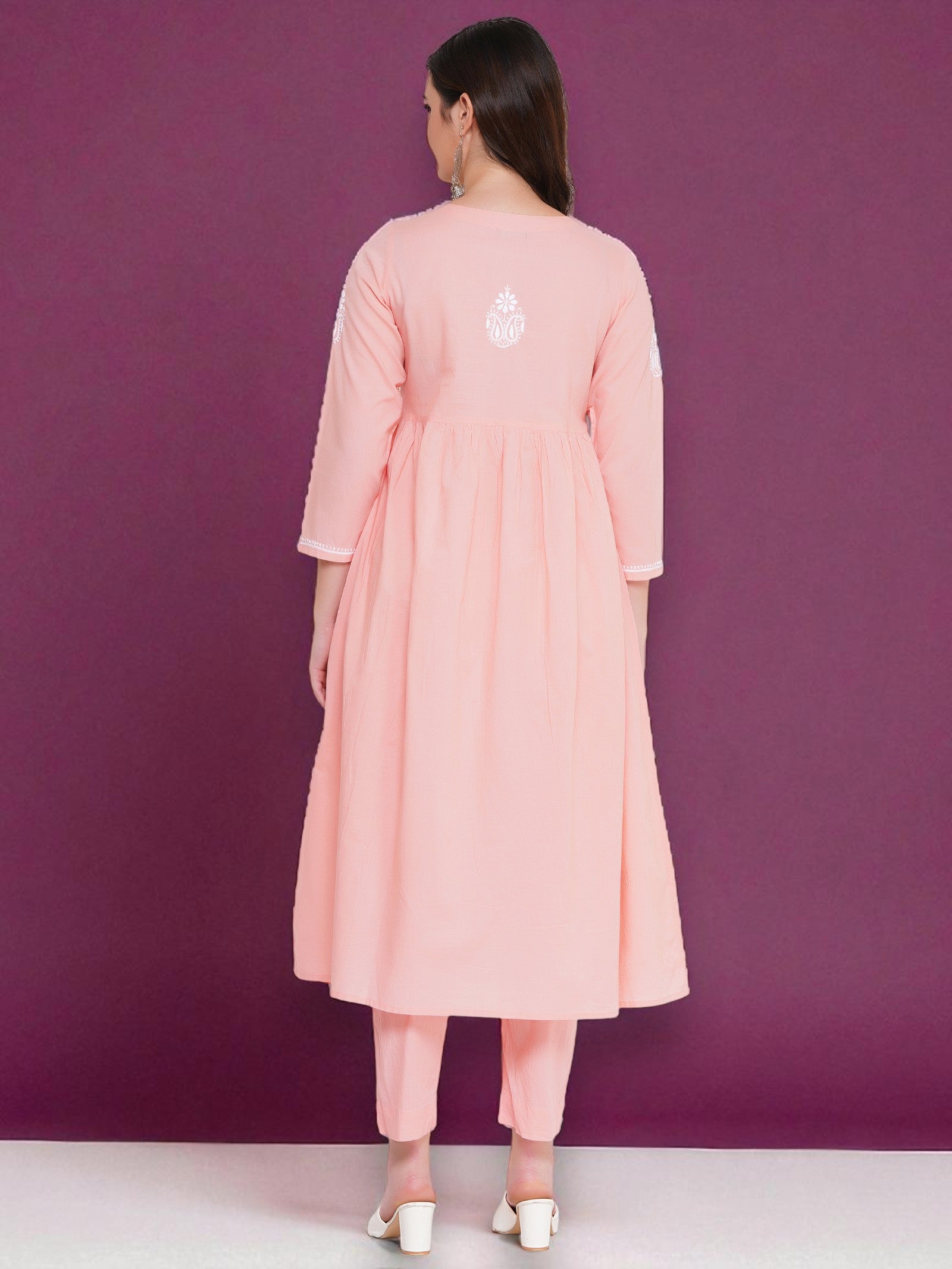 Light Red Cotton Chikankari V-Neck Kurta for Women | 3/4 Sleeves | 46 Inch Length