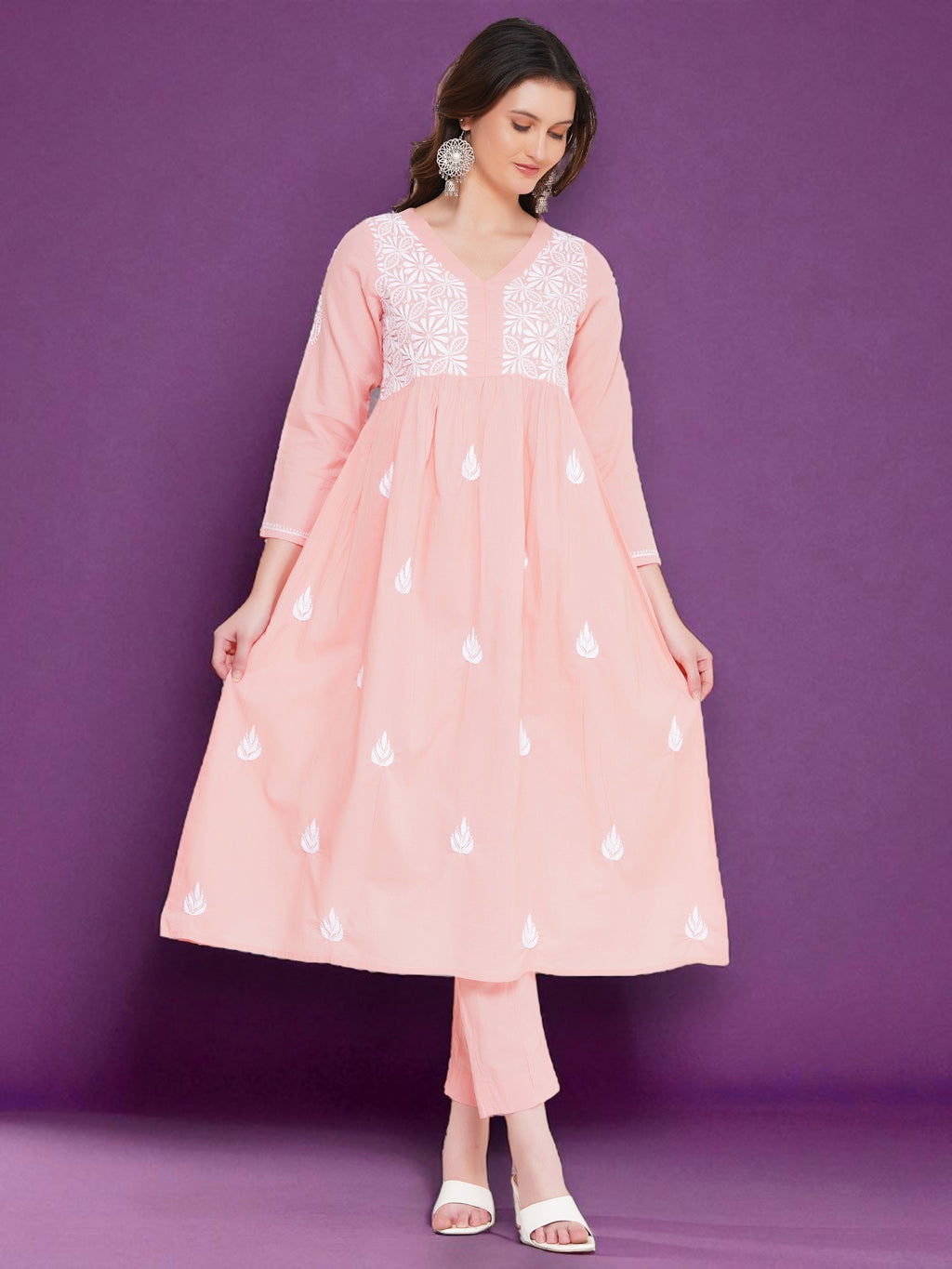 Light Red Cotton Chikankari V-Neck Kurta for Women | 3/4 Sleeves | 46 Inch Length