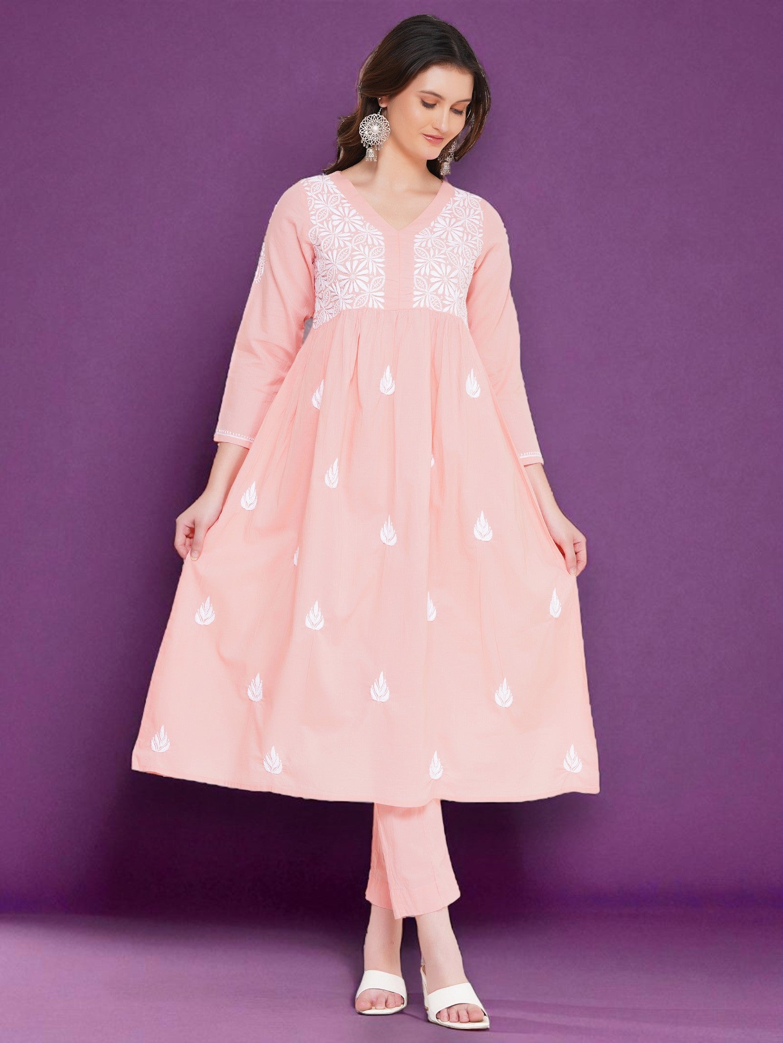 Light Red Cotton Chikankari V-Neck Kurta for Women | 3/4 Sleeves | 46 Inch Length