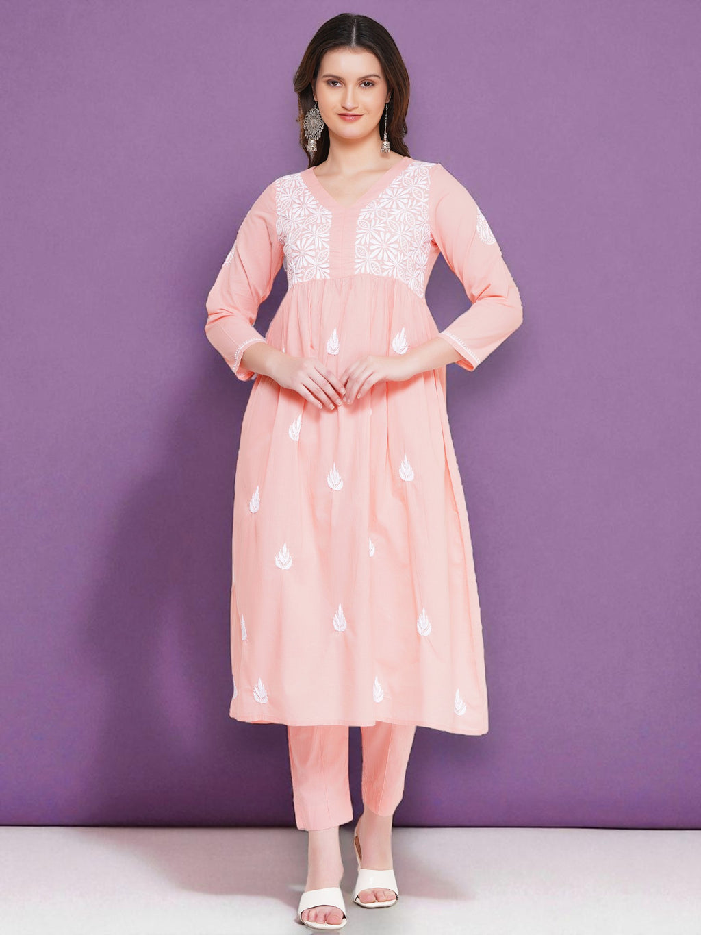 Light Red Cotton Chikankari V-Neck Kurta for Women | 3/4 Sleeves | 46 Inch Length