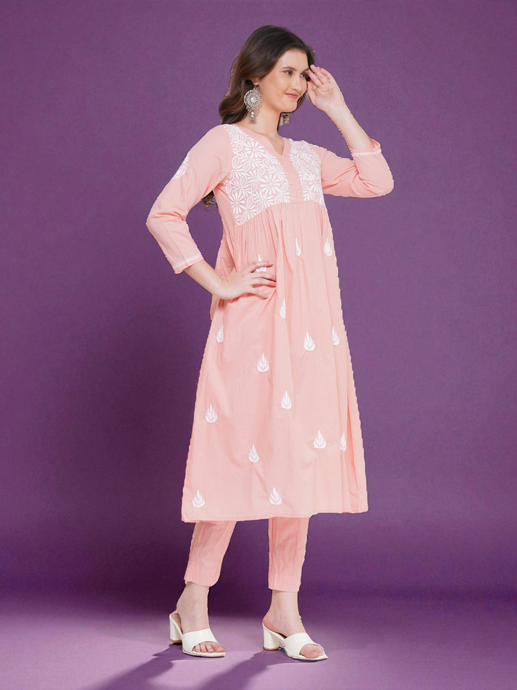 Light Red Cotton Chikankari V-Neck Kurta for Women | 3/4 Sleeves | 46 Inch Length