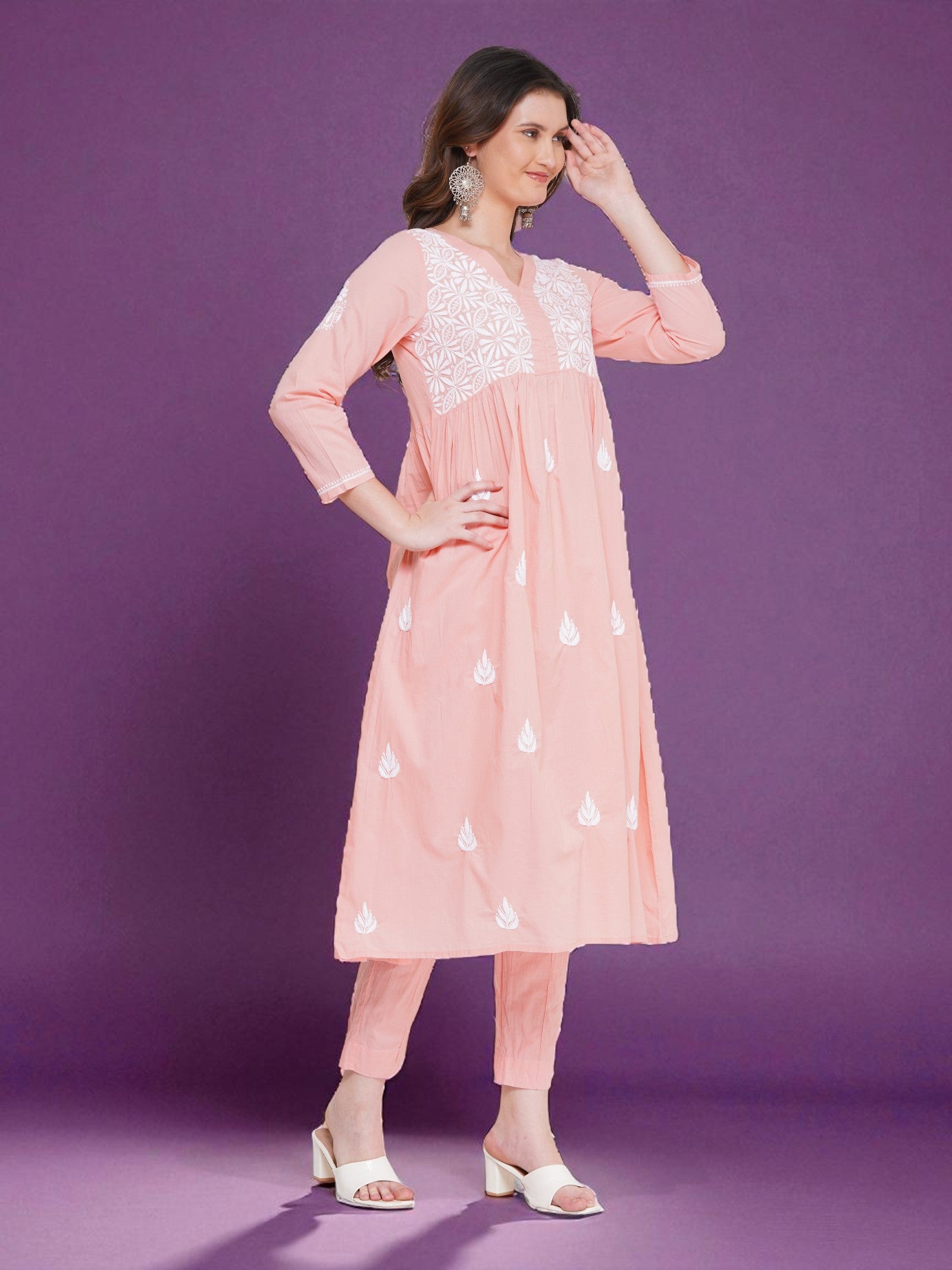 Light Red Cotton Chikankari V-Neck Kurta for Women | 3/4 Sleeves | 46 Inch Length