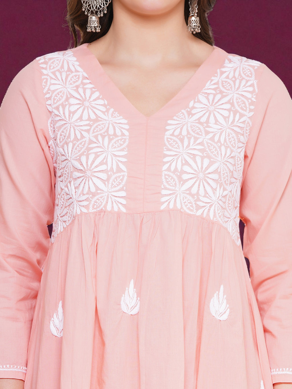 Light Red Cotton Chikankari V-Neck Kurta for Women | 3/4 Sleeves | 46 Inch Length