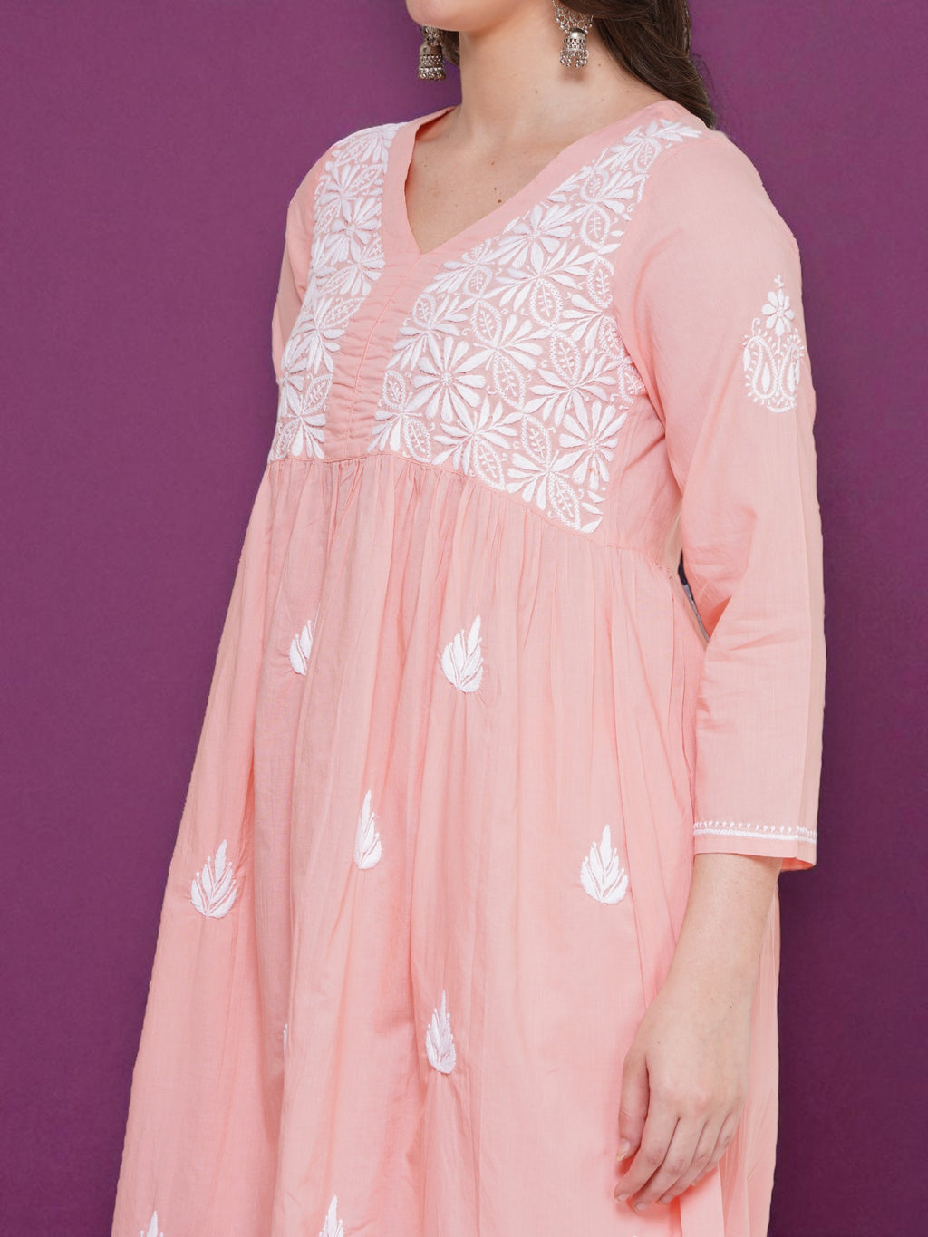 Light Red Cotton Chikankari V-Neck Kurta for Women | 3/4 Sleeves | 46 Inch Length