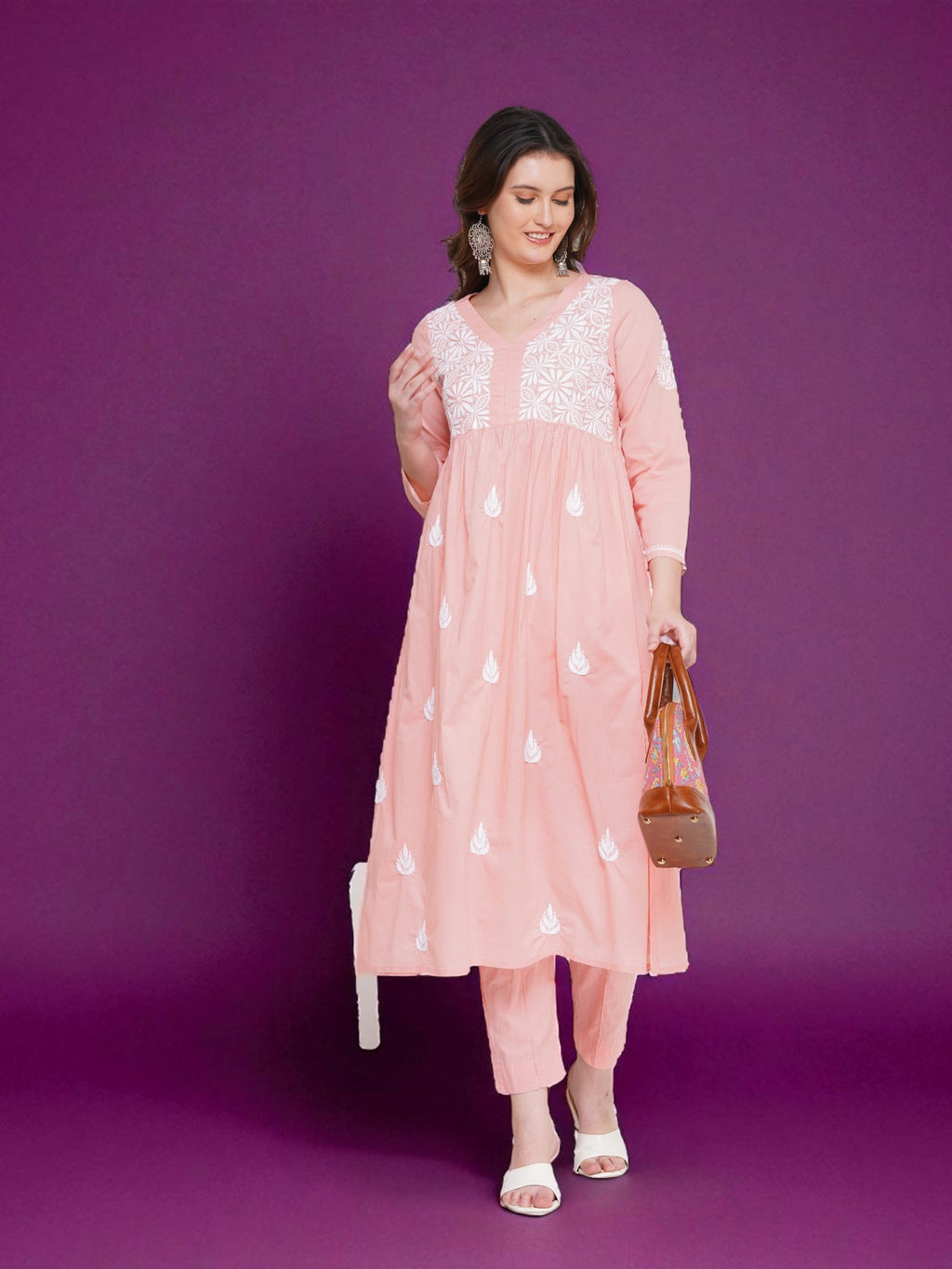 Light Red Cotton Chikankari V-Neck Kurta for Women | 3/4 Sleeves | 46 Inch Length