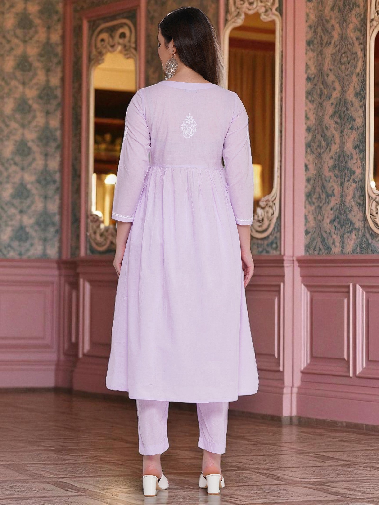 Light Purple Cotton Chikankari V-Neck Kurta for Women | 3/4 Sleeves | 46 Inch Length