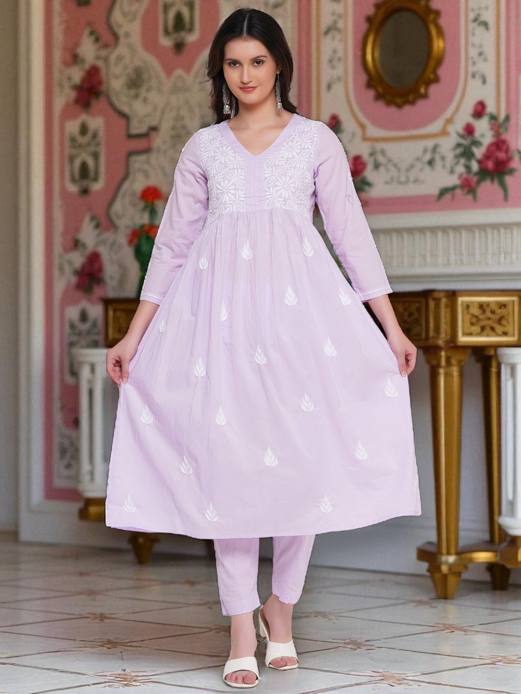 Light Purple Cotton Chikankari V-Neck Kurta for Women | 3/4 Sleeves | 46 Inch Length