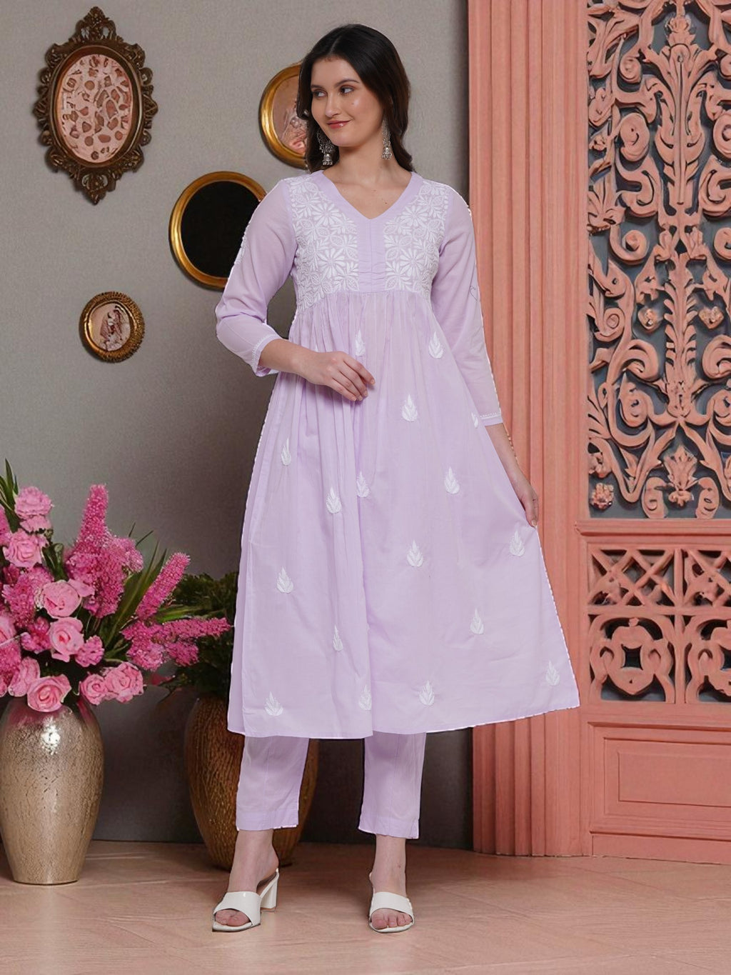 Light Purple Cotton Chikankari V-Neck Kurta for Women | 3/4 Sleeves | 46 Inch Length
