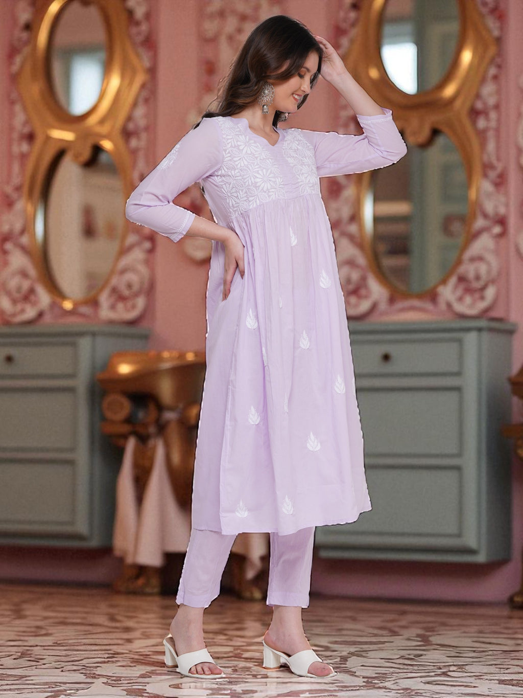 Light Purple Cotton Chikankari V-Neck Kurta for Women | 3/4 Sleeves | 46 Inch Length