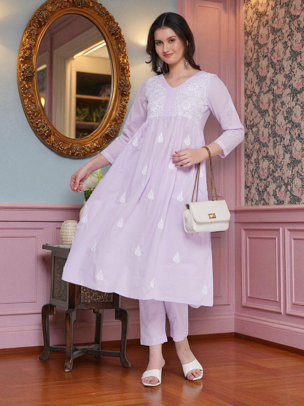 Light Purple Cotton Chikankari V-Neck Kurta for Women | 3/4 Sleeves | 46 Inch Length