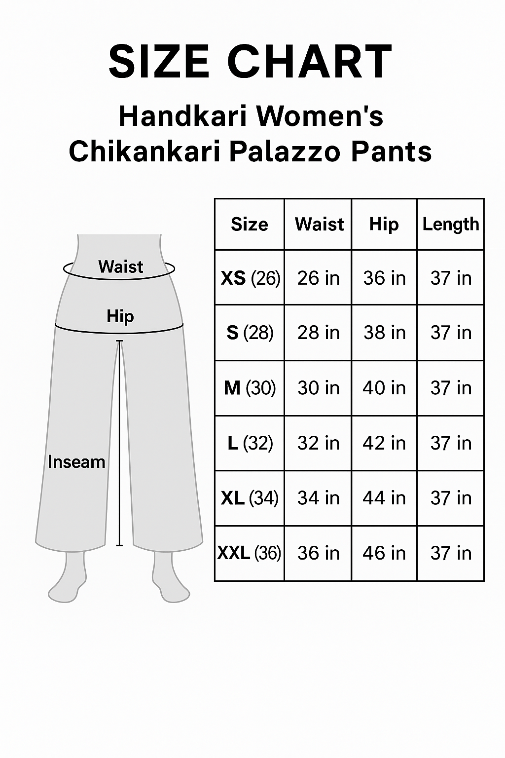 Size chart for Handkari Women's Chikankari Palazzo Pants with measurements. Available in white and black colors