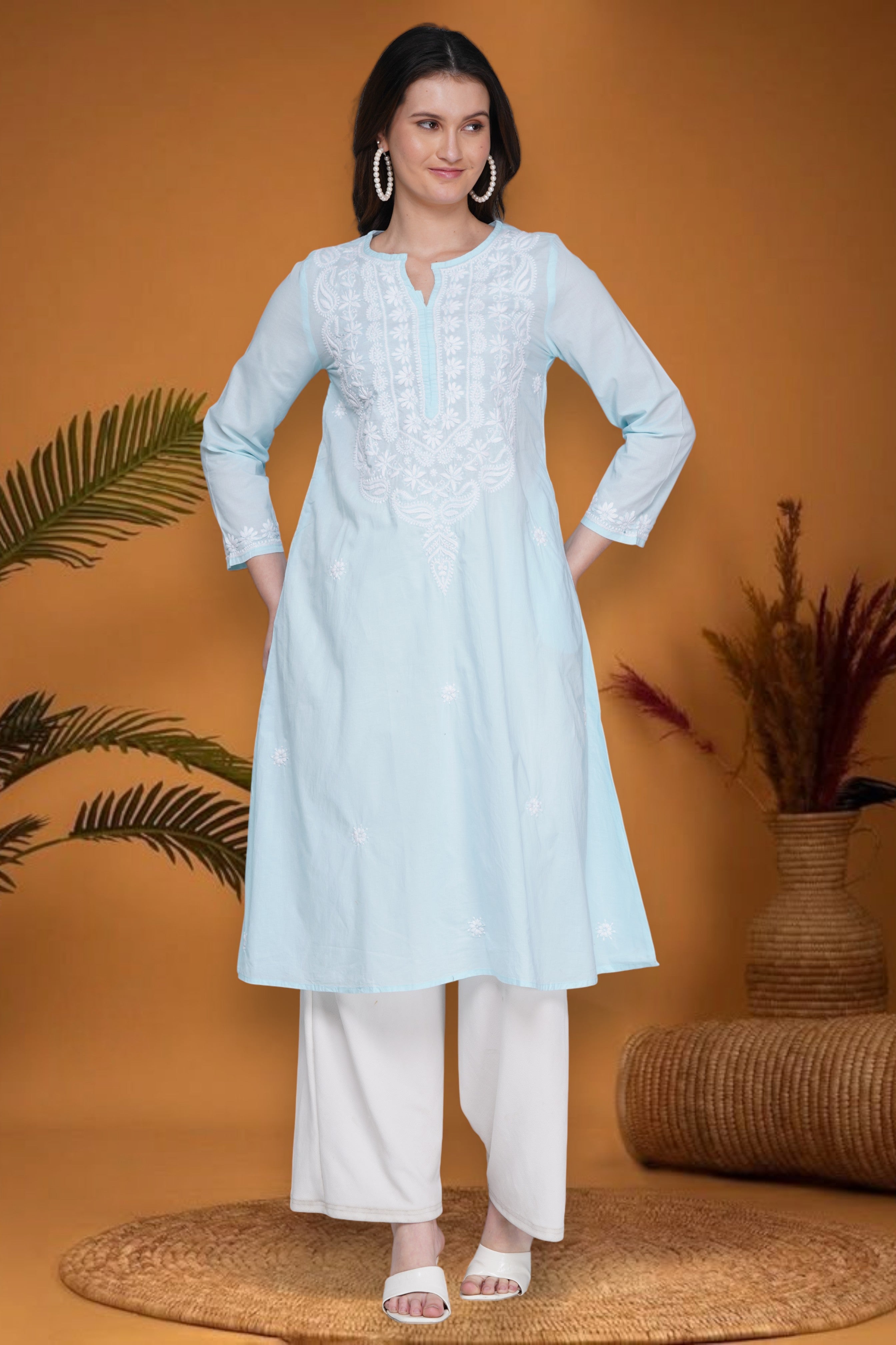 Light Blue Women’s Cotton Chikankari Hand Embroidered A-Line Kurta | Round Neck, 3/4 Sleeves, 46 Inch Long Ethnic Wear
