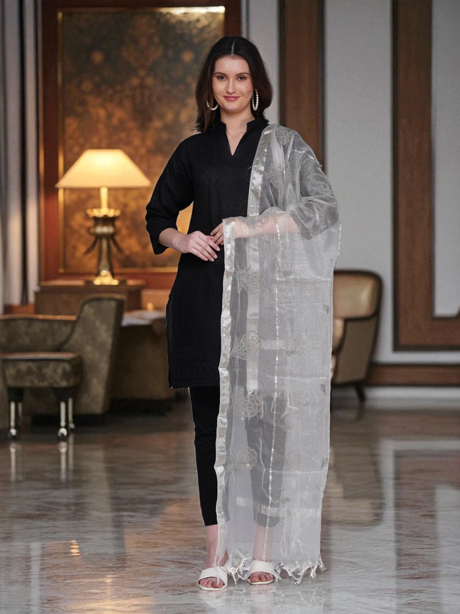 Light Weight Organza Chikankari Dupatta With Mukaish Work