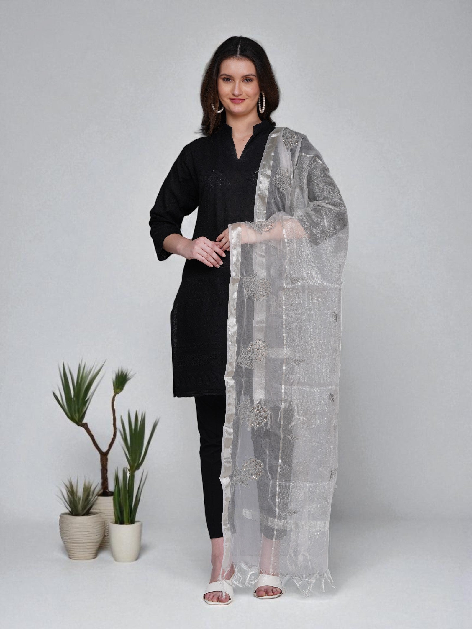 Golden Light Weight Organza Chikankari Dupatta With Mukaish Work