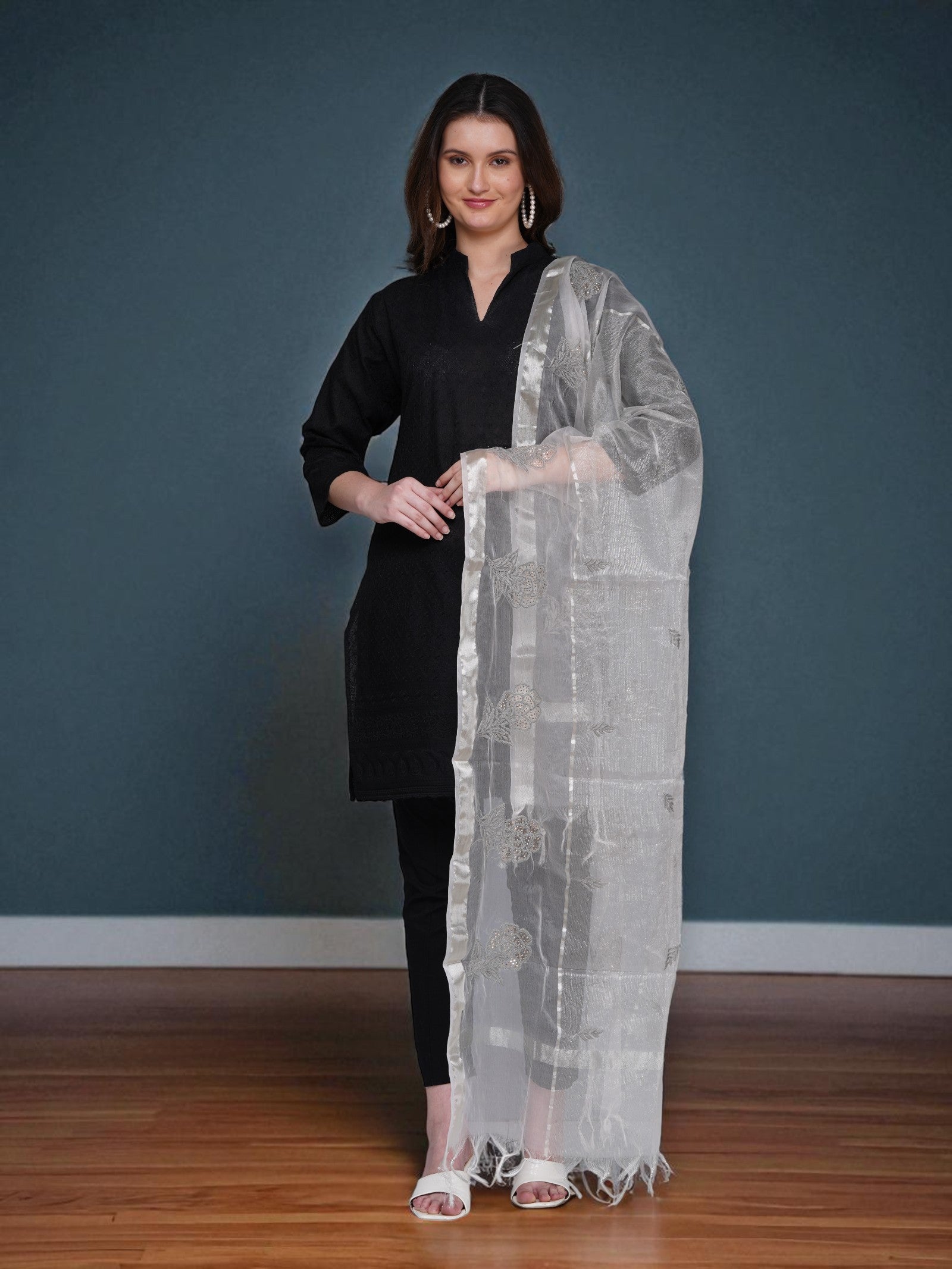 Light Weight Organza Chikankari Dupatta With Mukaish Work