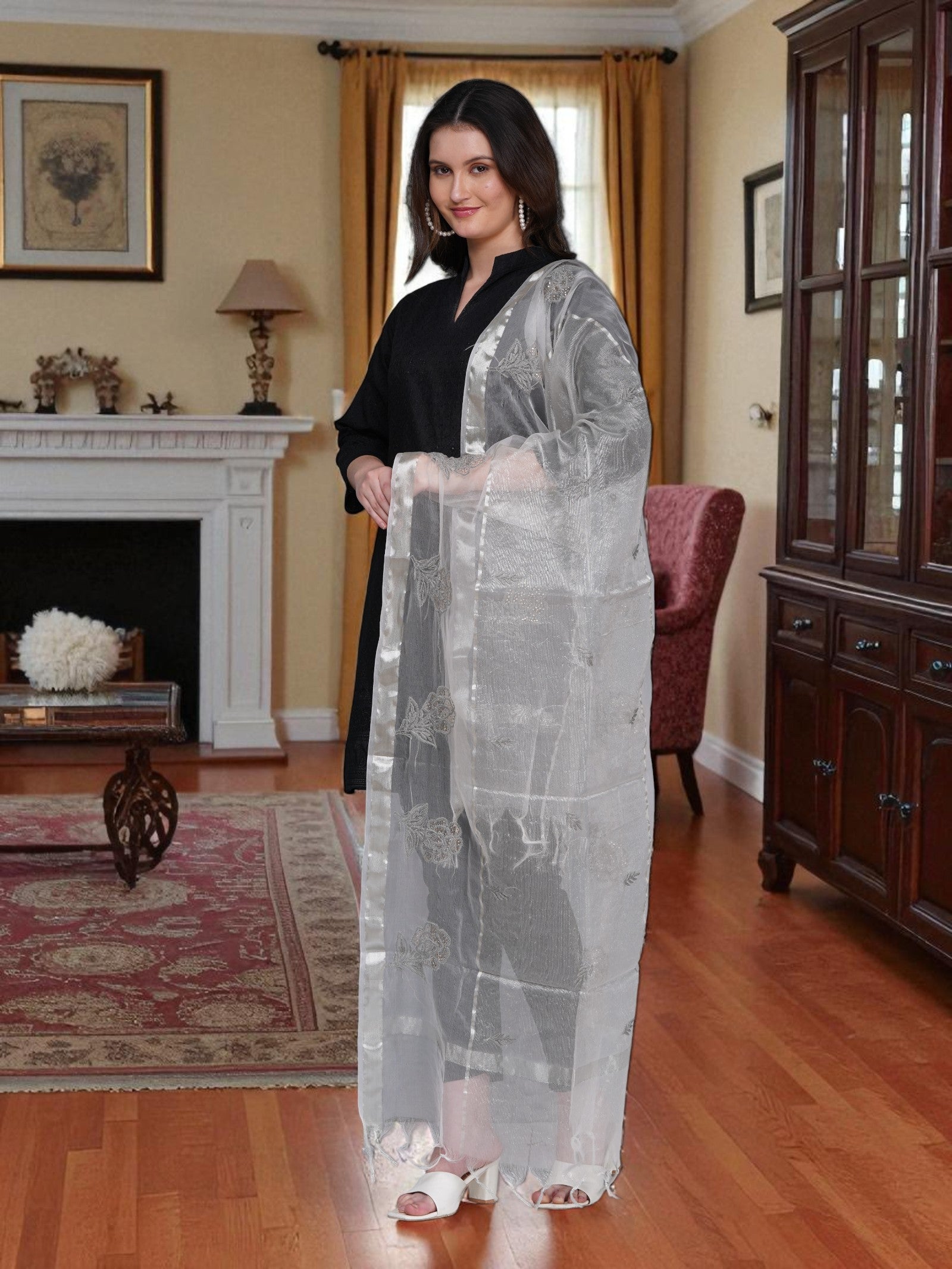 Light Weight Organza Chikankari Dupatta With Mukaish Work
