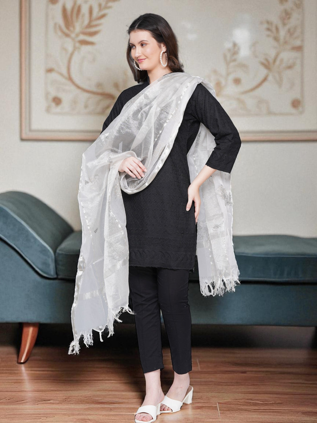 Light Weight Organza Chikankari Dupatta With Mukaish Work