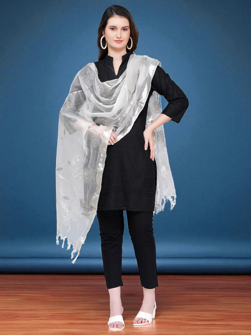 Light Weight Organza Chikankari Dupatta With Mukaish Work