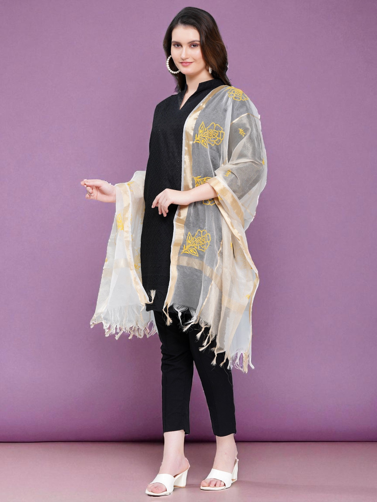 Golden Light Weight Organza Chikankari Dupatta With Mukaish Work