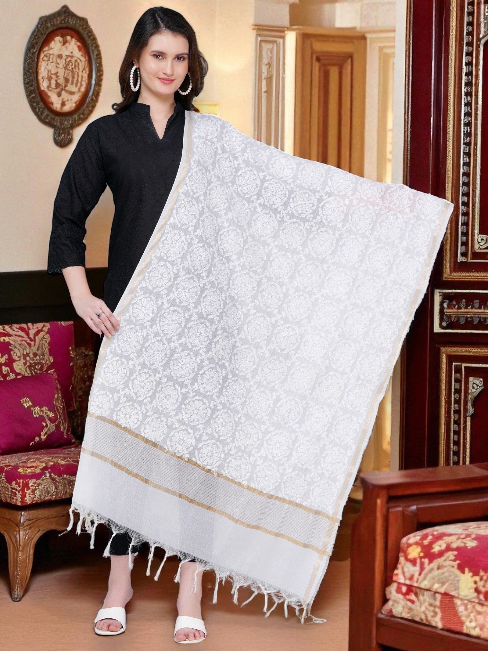 White Chanderi Cotton Hand Embroidered Chikankari Dupatta