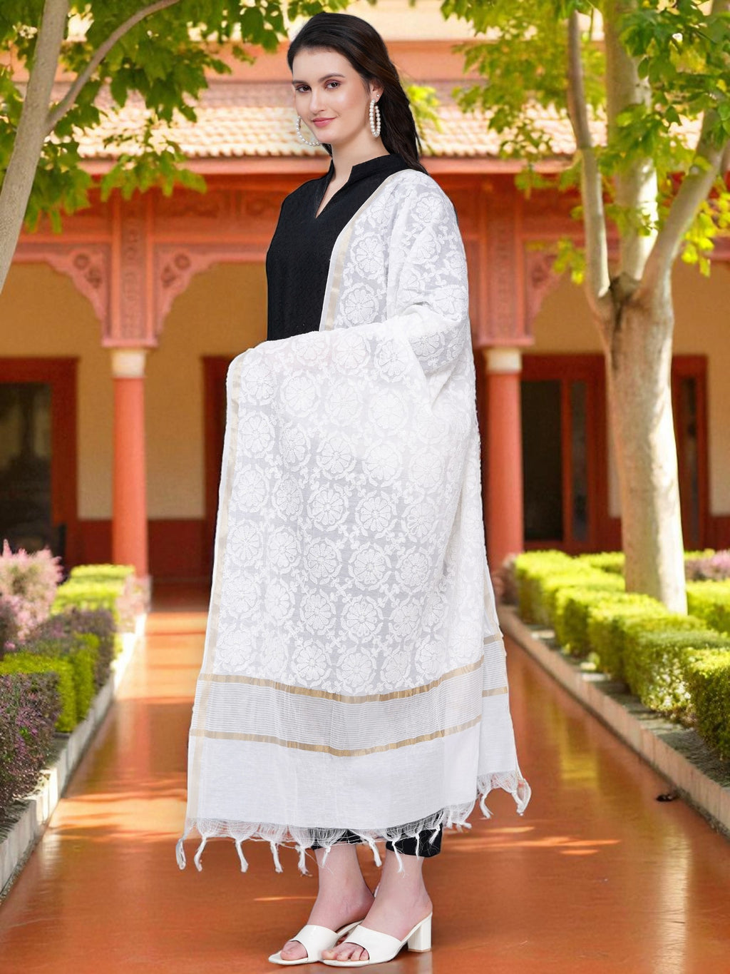White Chanderi Cotton Hand Embroidered Chikankari Dupatta
