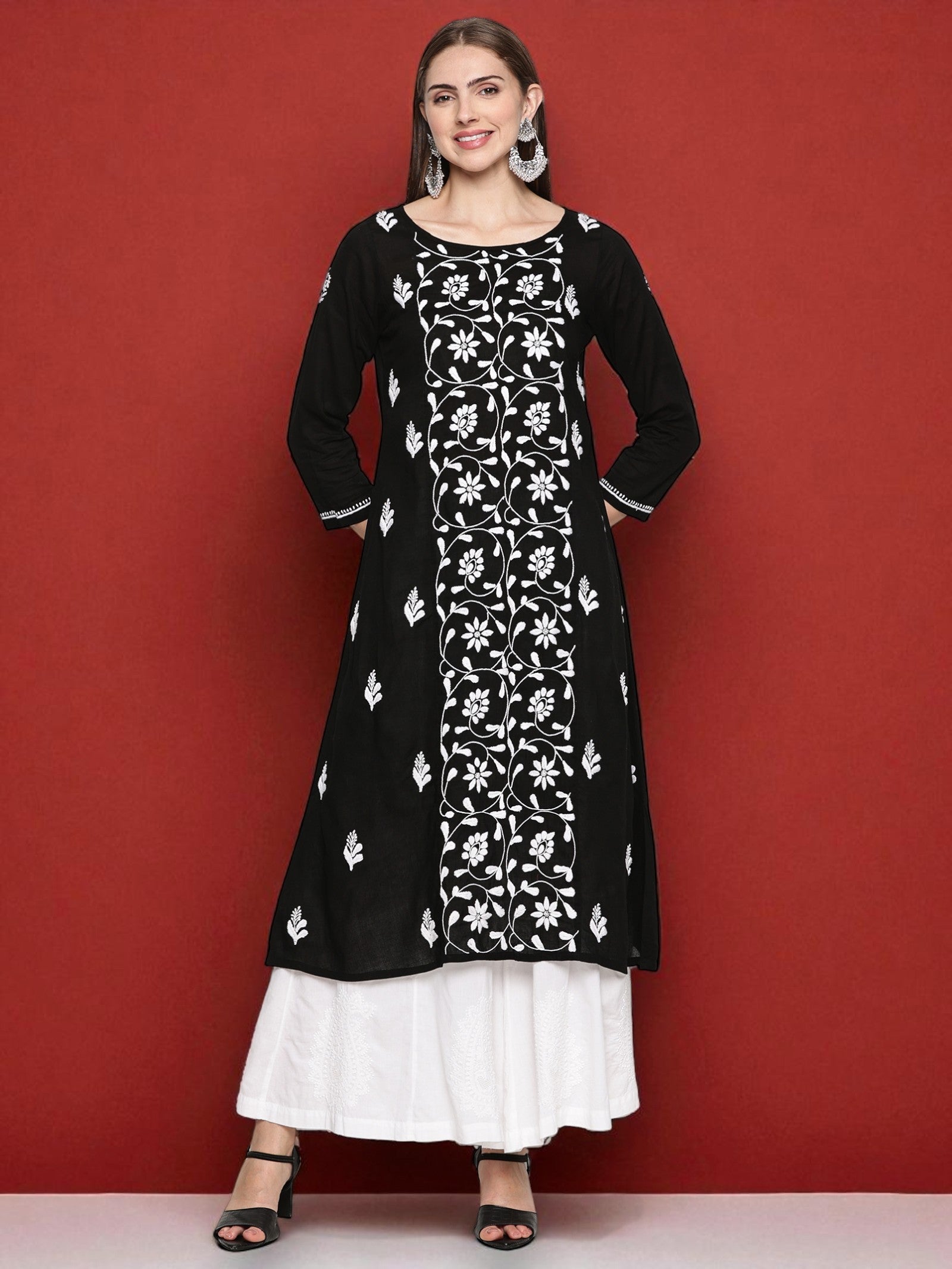 Black Cotton Hand Embroidered Chikankari A-line Kurta