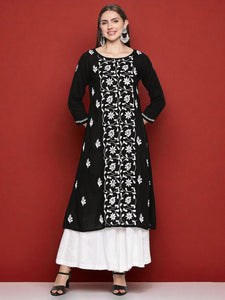 Black Cotton Hand Embroidered Chikankari A-line Kurta