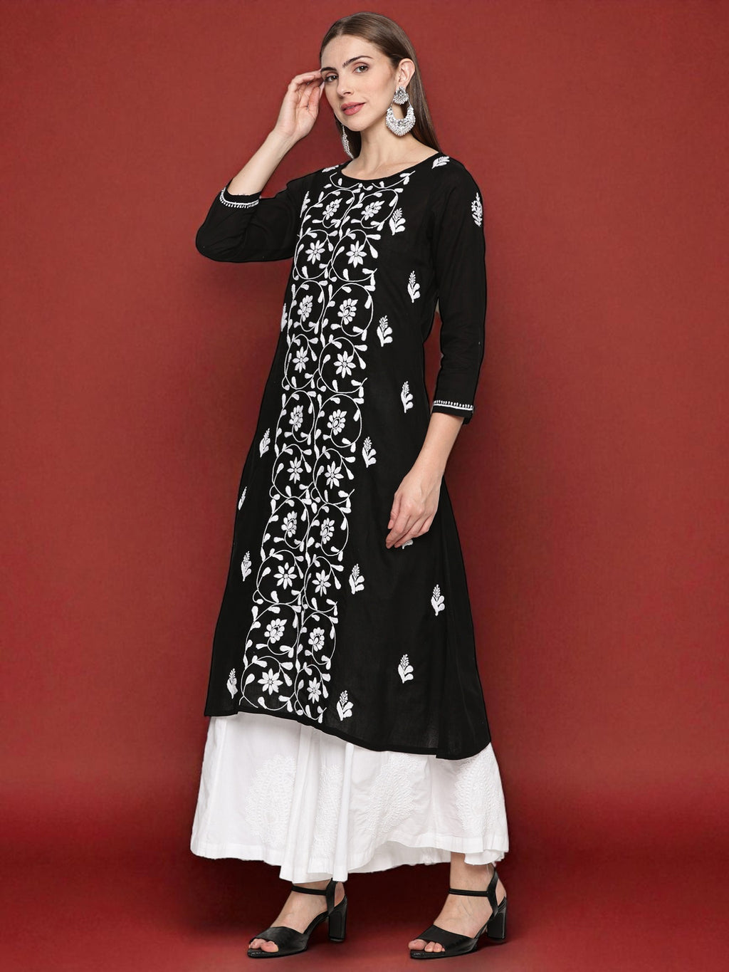 Black Cotton Hand Embroidered Chikankari A-line Kurta