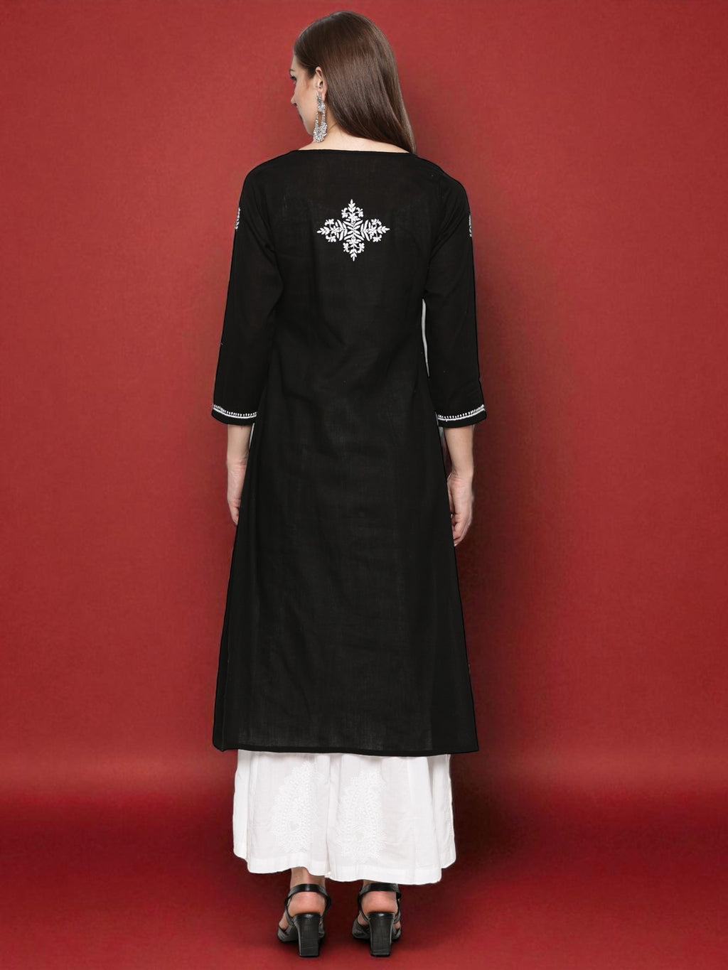 Black Cotton Hand Embroidered Chikankari A-line Kurta