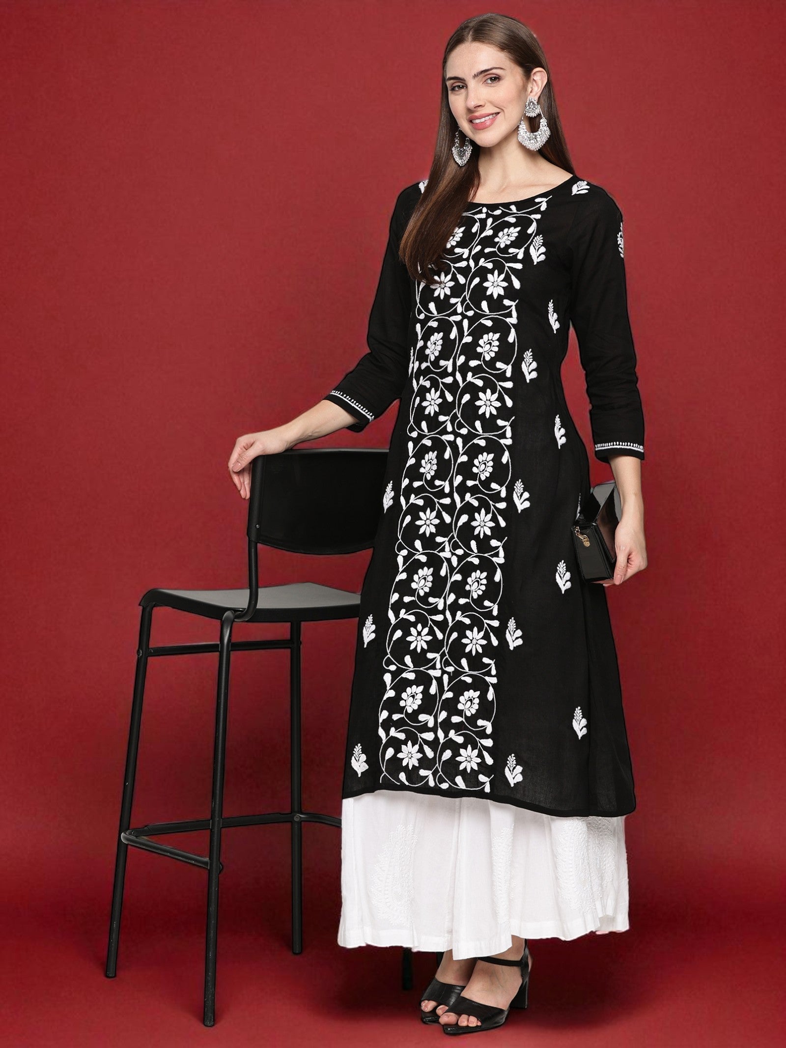 Black Cotton Hand Embroidered Chikankari A-line Kurta