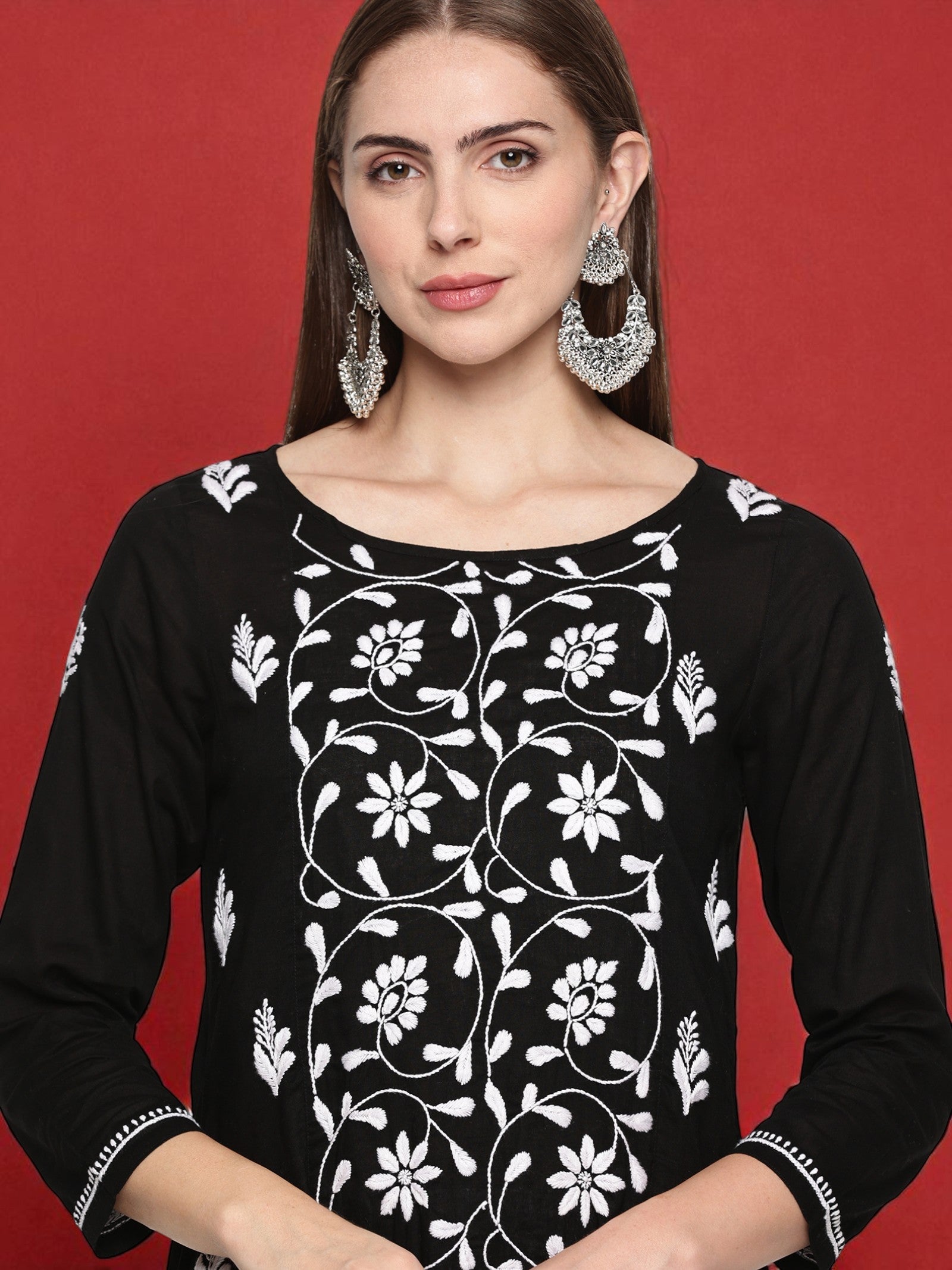 Black Cotton Hand Embroidered Chikankari A-line Kurta