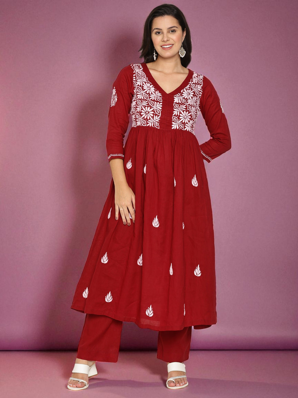 Maroon Cotton Chikankari Aline Kurta