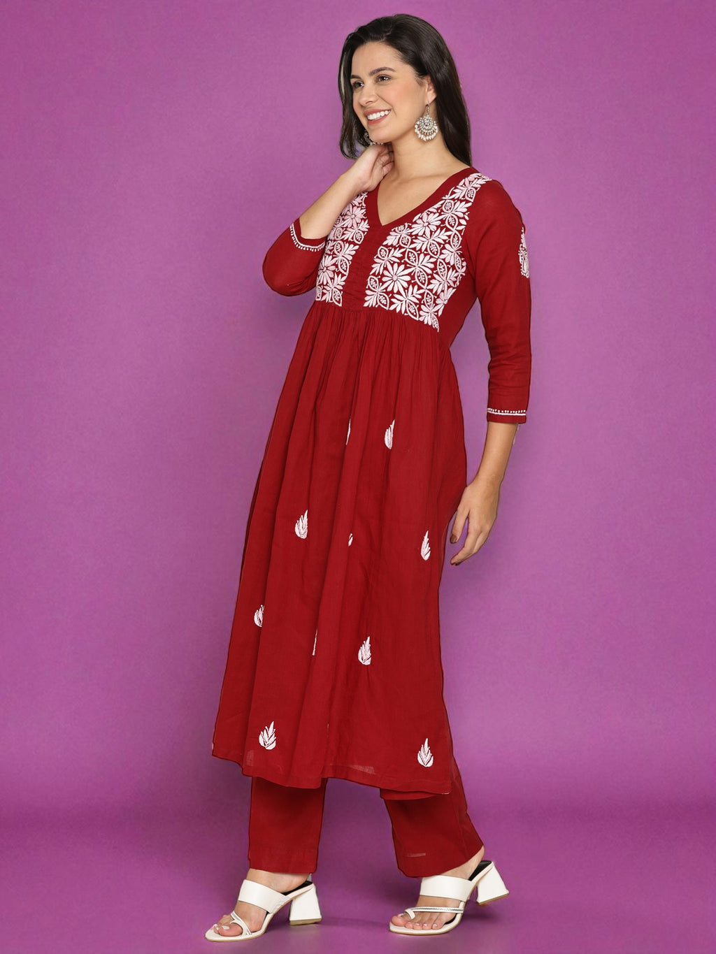 Maroon Cotton Chikankari Aline Kurta