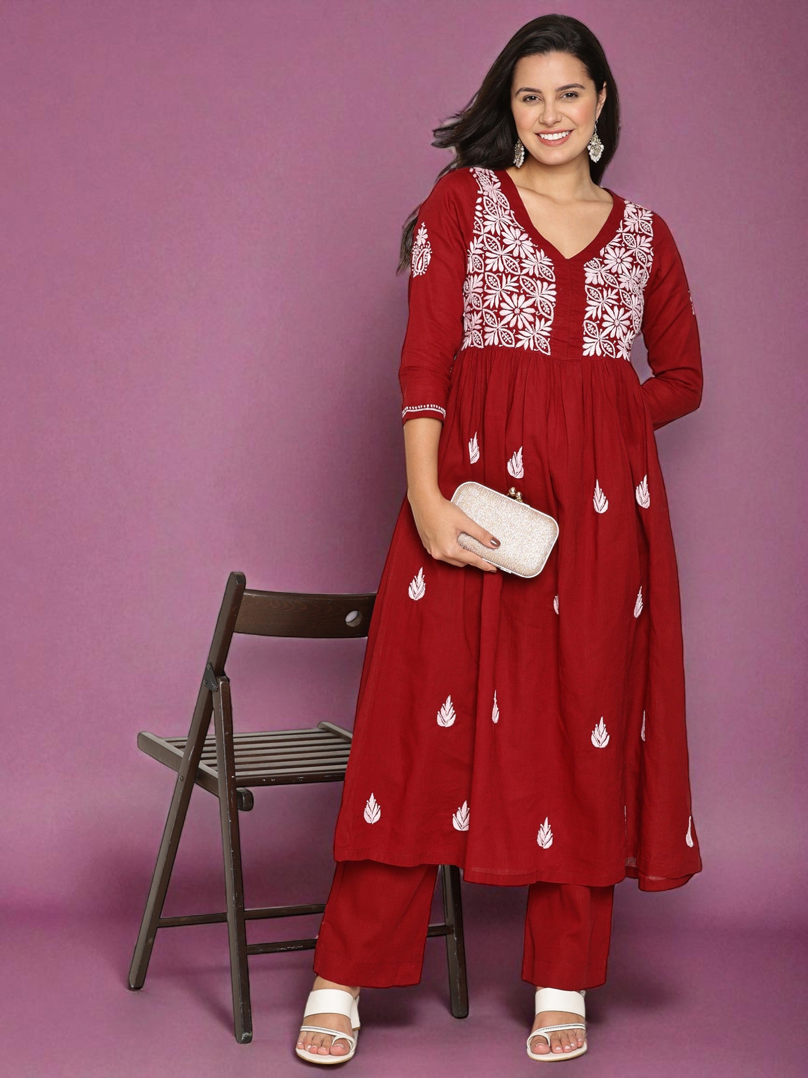 Maroon Cotton Chikankari Aline Kurta