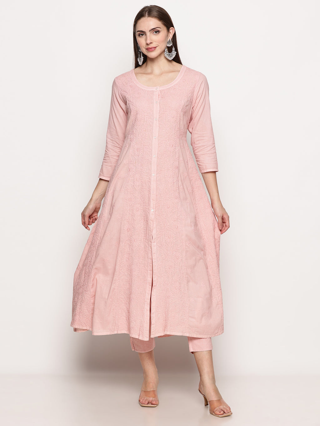 Women’s Cotton Hand-Embroidered Chikankari Kurti – Round Neck, 3/4 Sleeves, 46 Inches