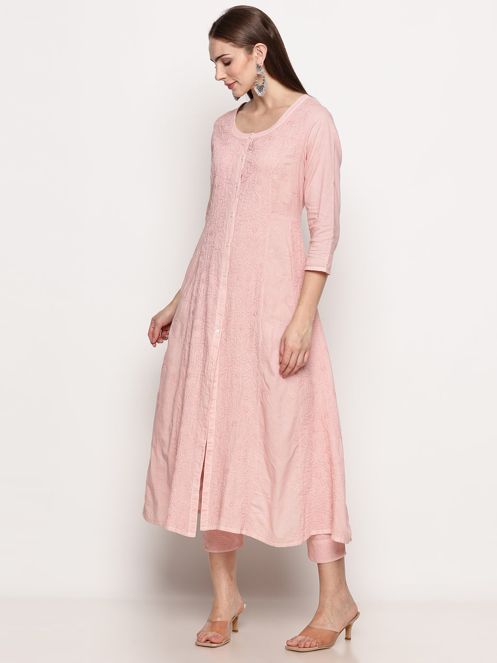 Women’s Cotton Hand-Embroidered Chikankari Kurti – Round Neck, 3/4 Sleeves, 46 Inches