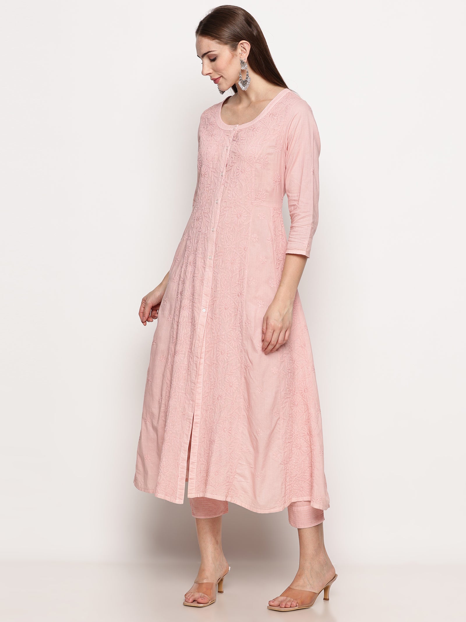 Women’s Cotton Hand-Embroidered Chikankari Kurti – Round Neck, 3/4 Sleeves, 46 Inches