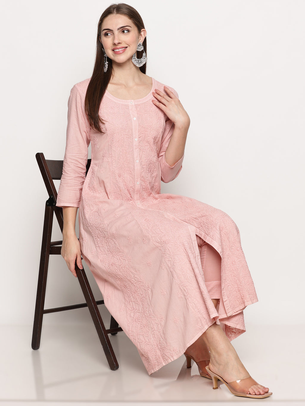 Women’s Cotton Hand-Embroidered Chikankari Kurti – Round Neck, 3/4 Sleeves, 46 Inches