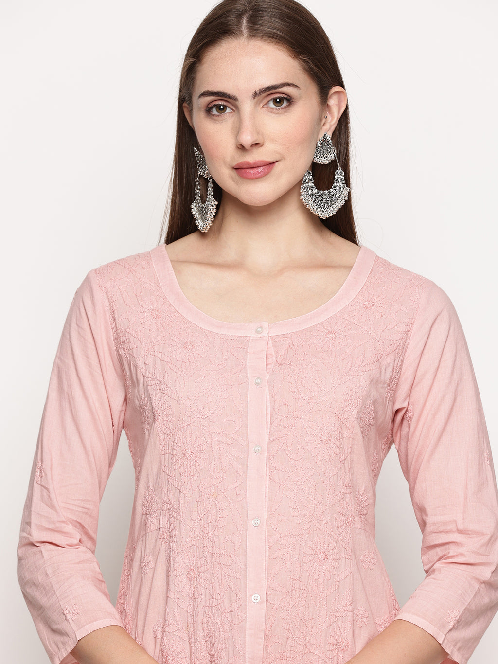 Women’s Cotton Hand-Embroidered Chikankari Kurti – Round Neck, 3/4 Sleeves, 46 Inches