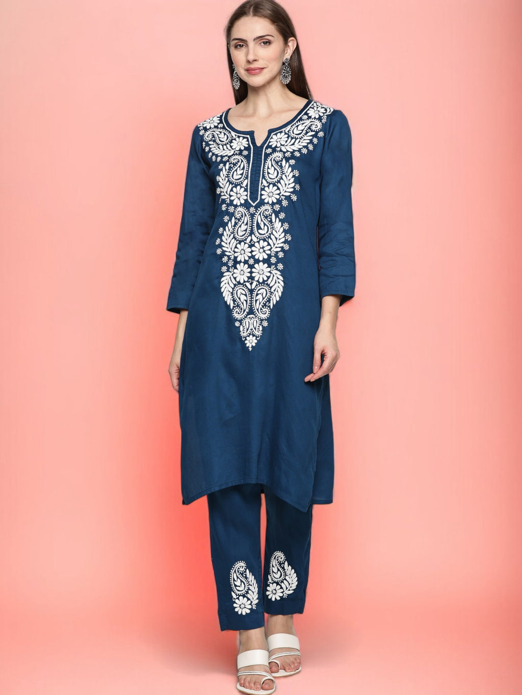 Navy Blue Jam Cotton Chikankari Straight Fit Kurta Pant Set
