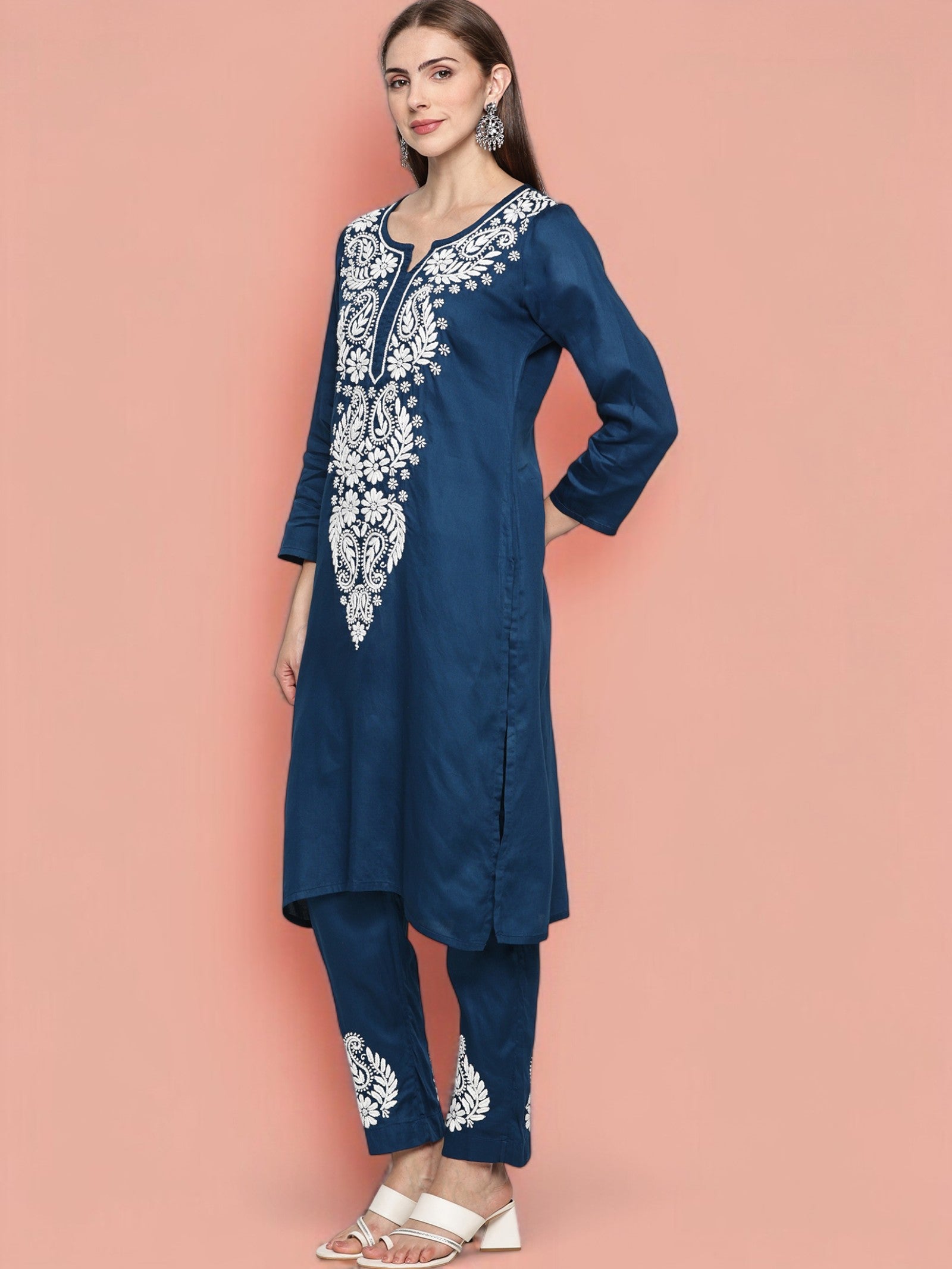 Navy Blue Jam Cotton Chikankari Straight Fit Kurta Pant Set