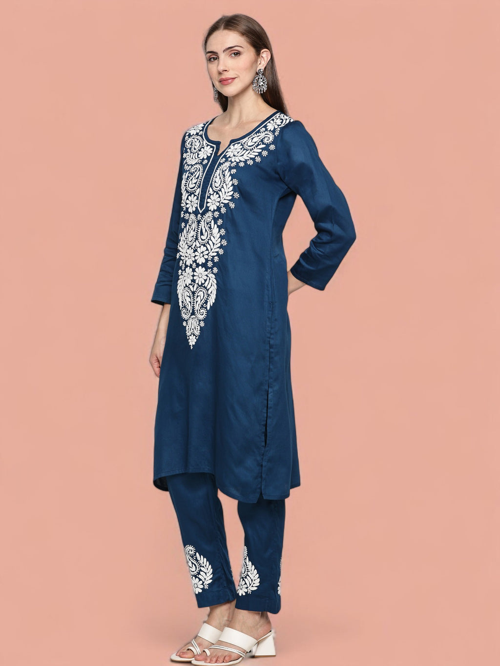 Navy Blue Jam Cotton Chikankari Straight Fit Kurta Pant Set