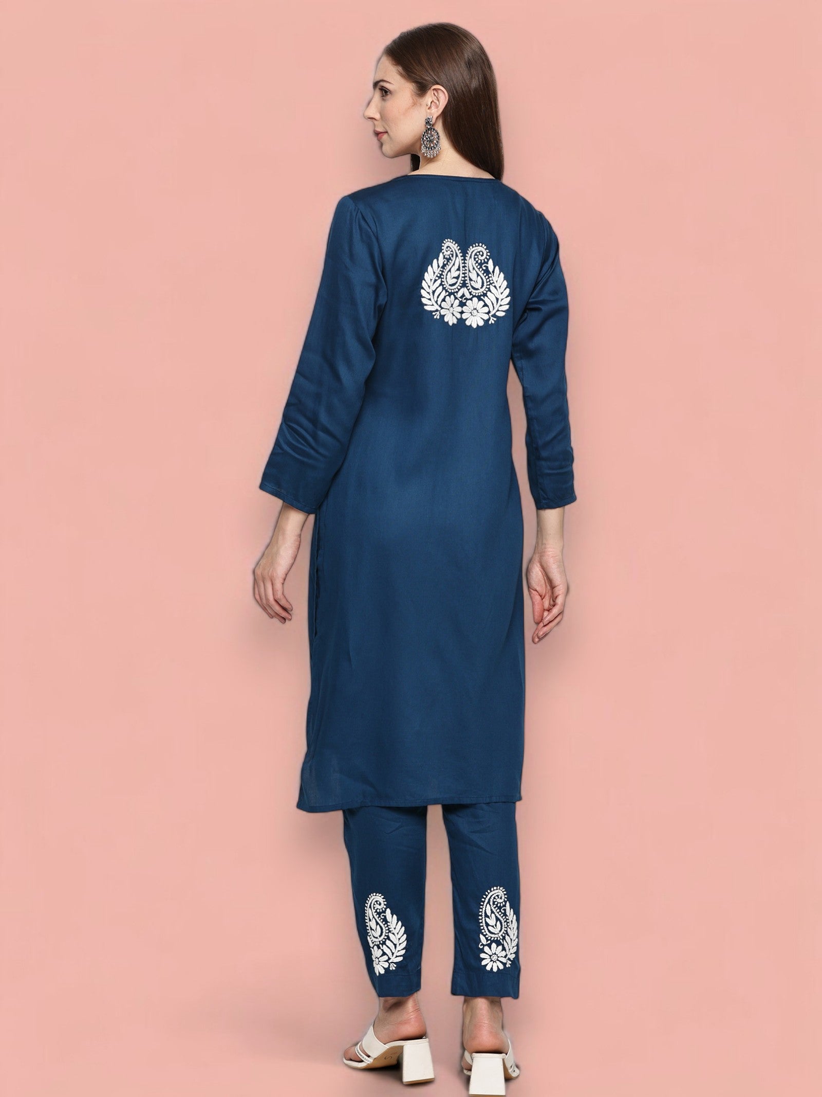 Navy Blue Jam Cotton Chikankari Straight Fit Kurta Pant Set