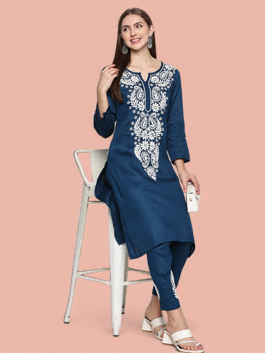 Navy Blue Jam Cotton Chikankari Straight Fit Kurta Pant Set