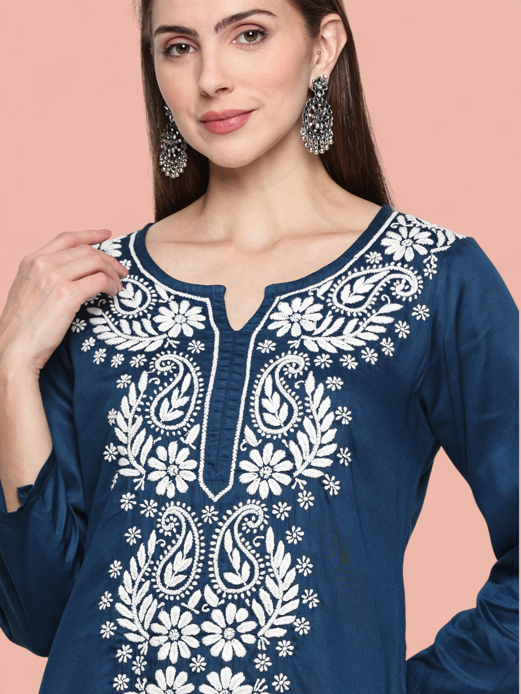 Navy Blue Jam Cotton Chikankari Straight Fit Kurta Pant Set