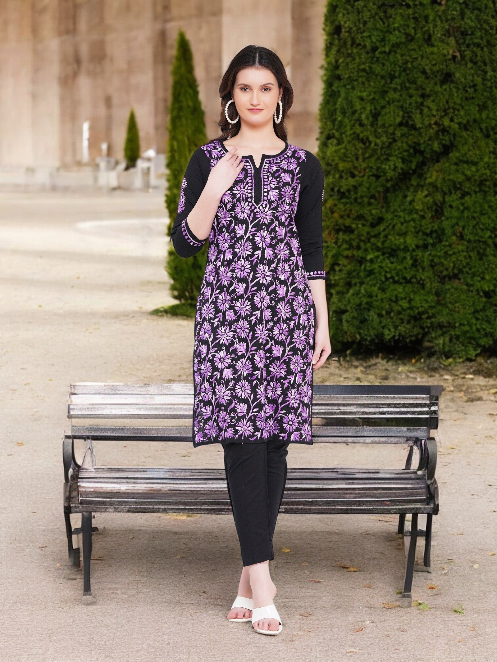 Women’s Black Cotton Multicolor Hand-Embroidered Chikankari Kurta – Round Neck, 3/4 Sleeves, 43 Inch Straight Fit Lucknowi Kurti