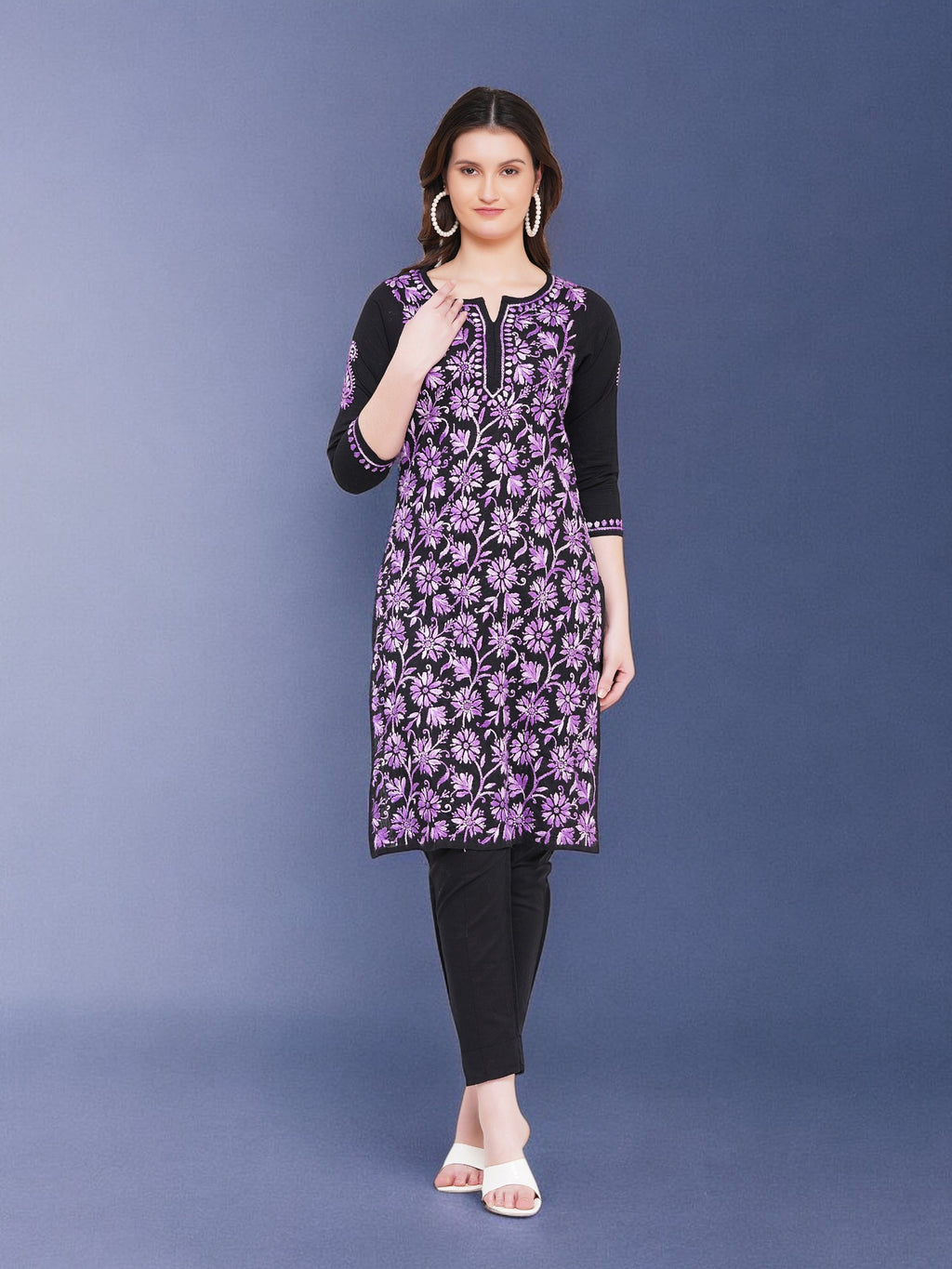 Women’s Black Cotton Multicolor Hand-Embroidered Chikankari Kurta – Round Neck, 3/4 Sleeves, 43 Inch Straight Fit Lucknowi Kurti