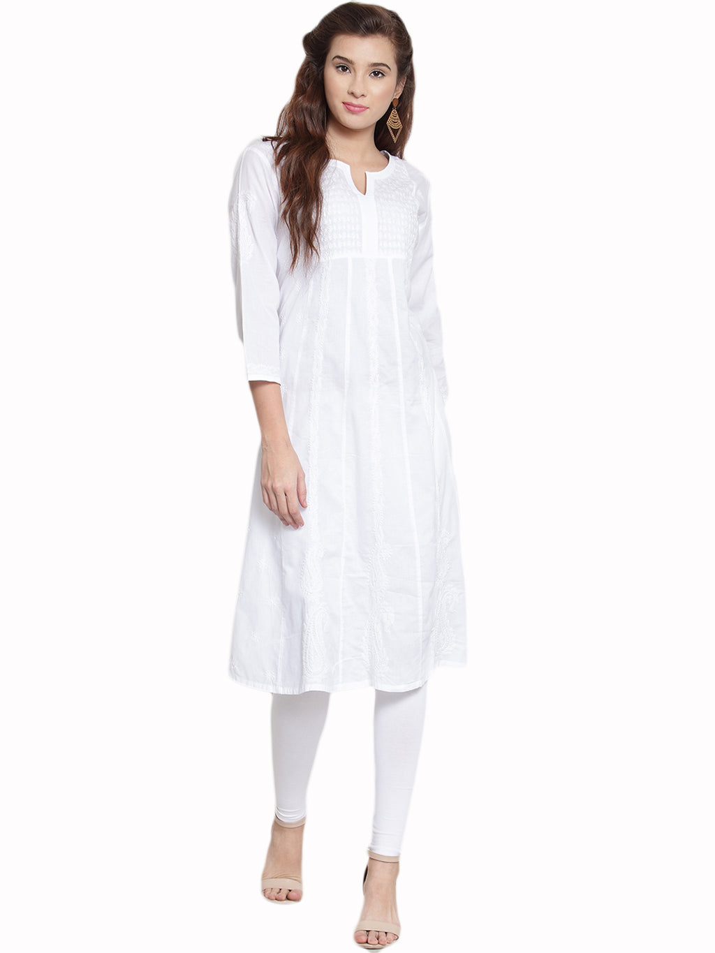 Women’s White Cotton Hand-Embroidered Chikankari Kurti – Round Neck, 3/4 Sleeves, 45 Inches