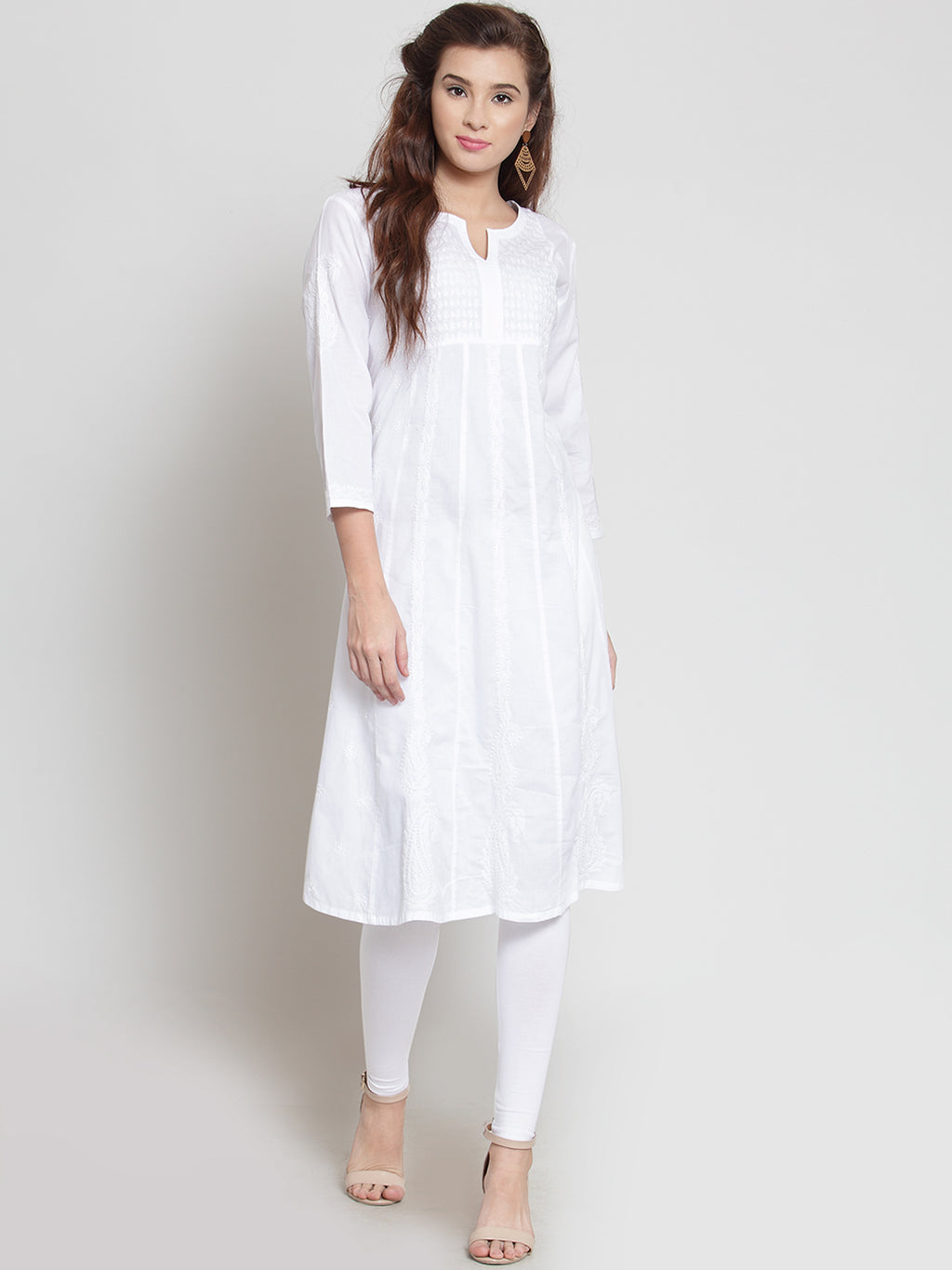 Women’s White Cotton Hand-Embroidered Chikankari Kurti – Round Neck, 3/4 Sleeves, 45 Inches